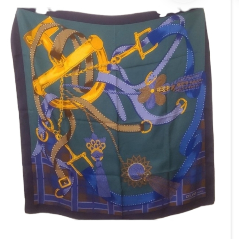 Celine Navy Blue Brown Gold Printed Silk Scarf - Picture 2 of 13